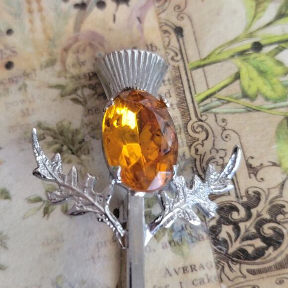 Vintage Thistle Stick Pin Brooch Amber Stone Scottish Floral Jewelry Retro Pin - Picture 3 of 10